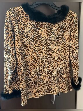 Ronnie Salloway Leopard Print Faux Fur Trim Blouse Removable Black Trim Womens S